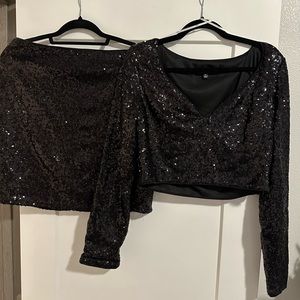 black sequin two piece set skirt and top